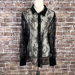 GAP Women's NWT Black Lace Collared Long Sleeve Button Up Shirt XXL Tall